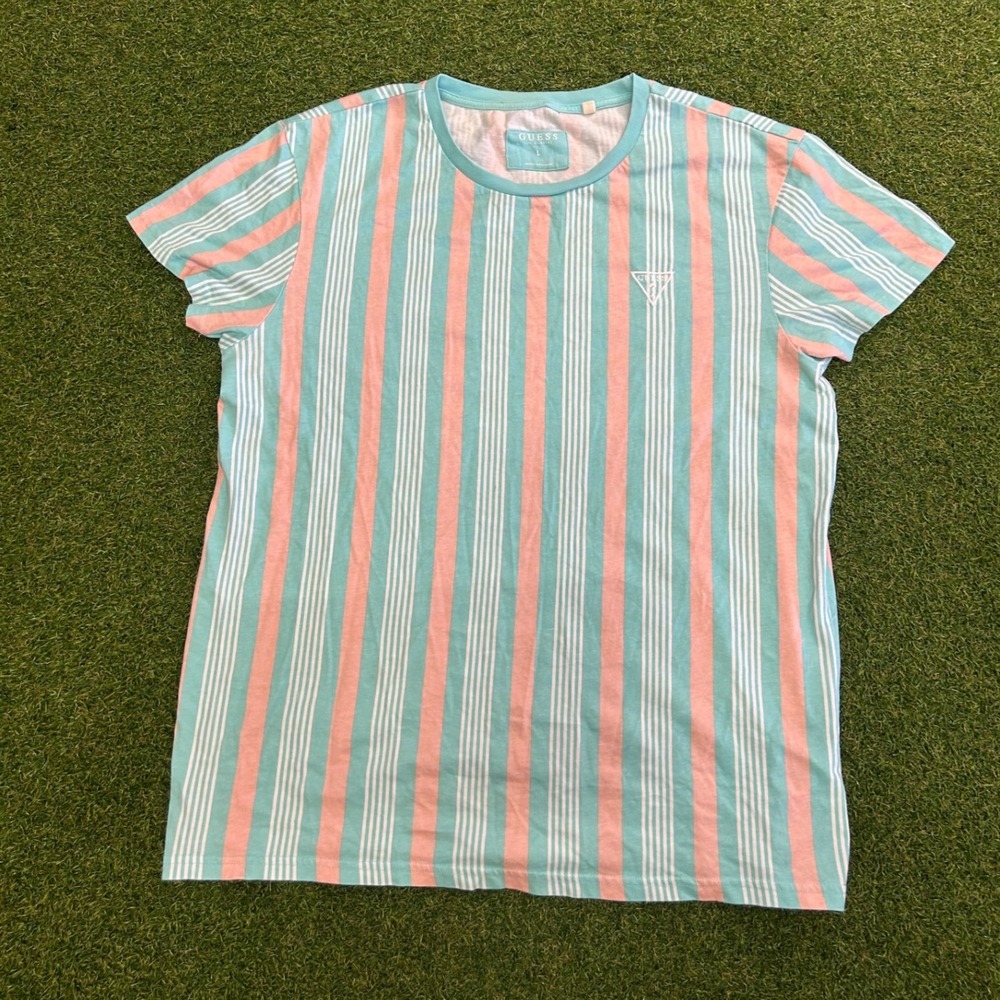 Guess Los Angeles Mens Large Striped T-Shirt Teal Peach White Triangle Logo